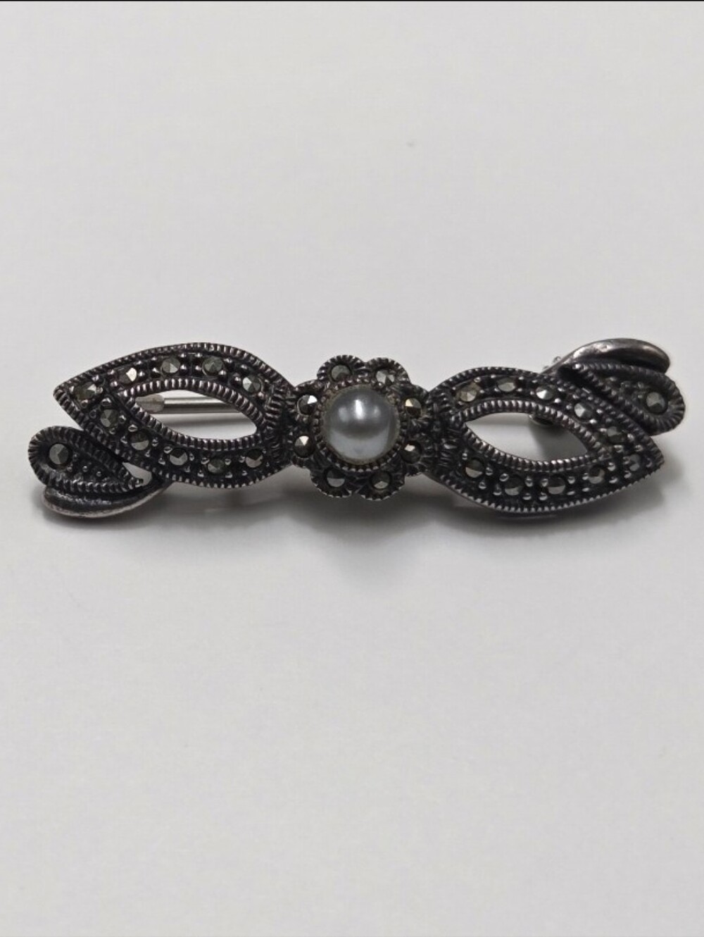 Vintage JJ Judith Jack Sterling Silver Pearl Marcasite Brooch